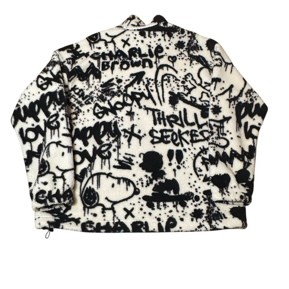 H&M x Peanuts Men’s Oversized Graffiti Black & Cream Sherpa Jacket Size Medium